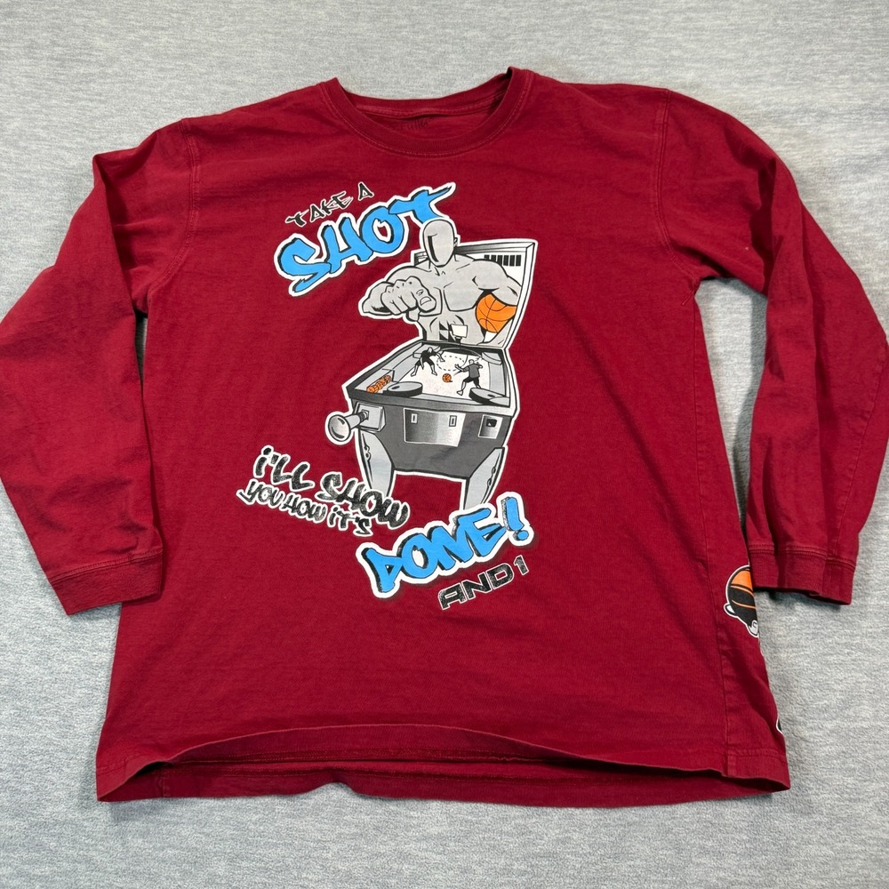 AND1 Shirt Men M Maroon Long Sleeve‎ Take A Shot Jack In Box Graphic Vintage Y2K